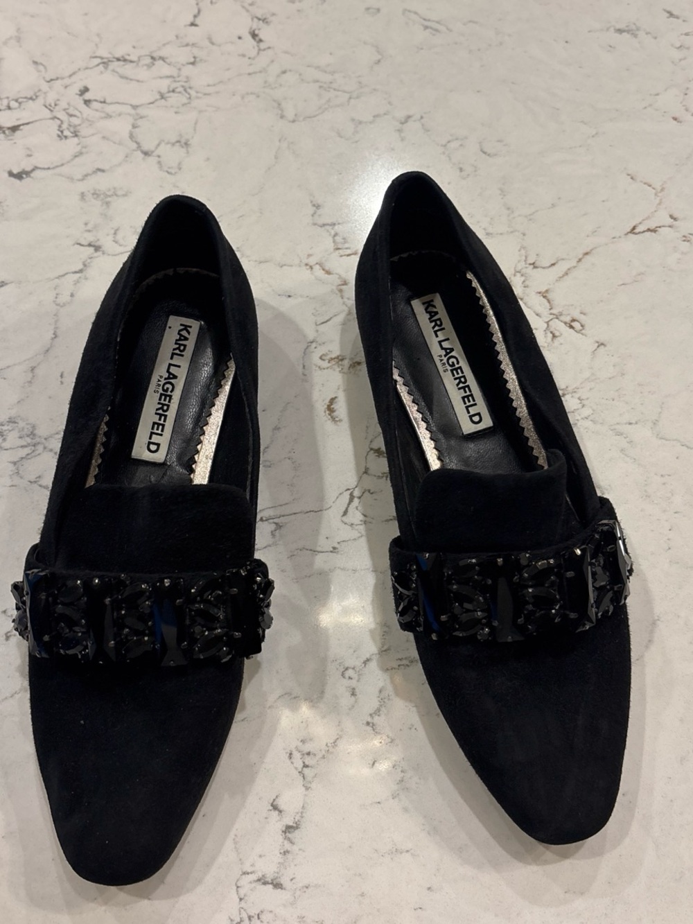 Karl Lagerfeld Black Suede Jeweled Loafers